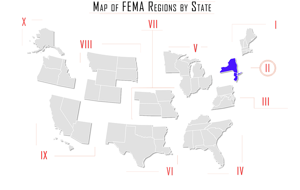 FEMA region ii, FEMA region 2, map with New York NY, New Jersey NJ, Puerto Rico PR, and Virginia VI